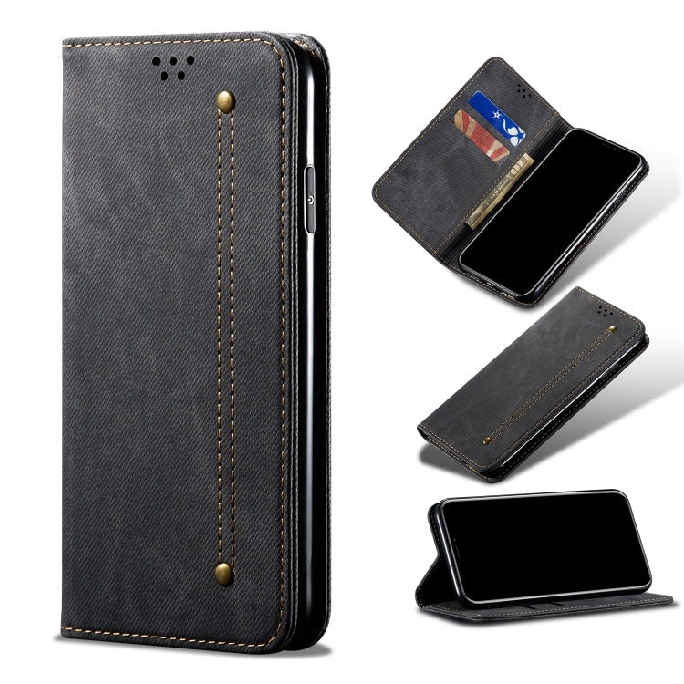 Set views of denim-texture flip leather phone wallet case with card window and holder, black.
