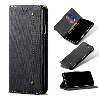 Set views of denim-texture flip leather phone wallet case with card window and holder, black.