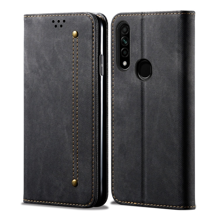 Denim-texture flip leather phone wallet case, card slots and magnetic holder, black.