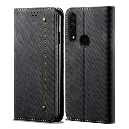 Denim-texture flip leather phone wallet case, card slots and magnetic holder, black.