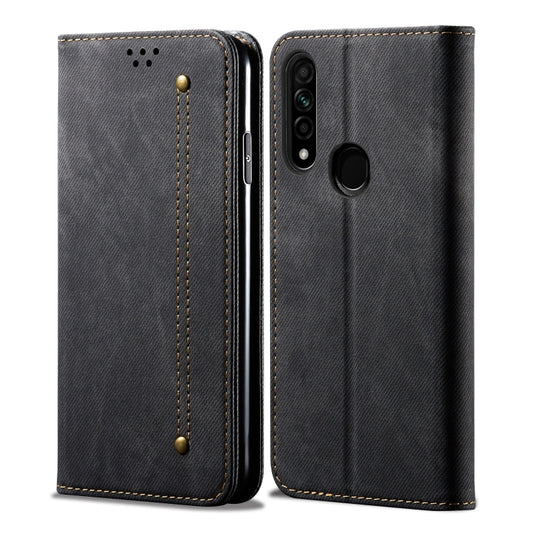 Denim-texture flip leather phone wallet case, card slots and magnetic holder, black.