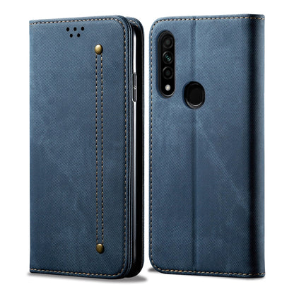 Denim-texture flip leather phone wallet case, card slots and ring holder, blue.