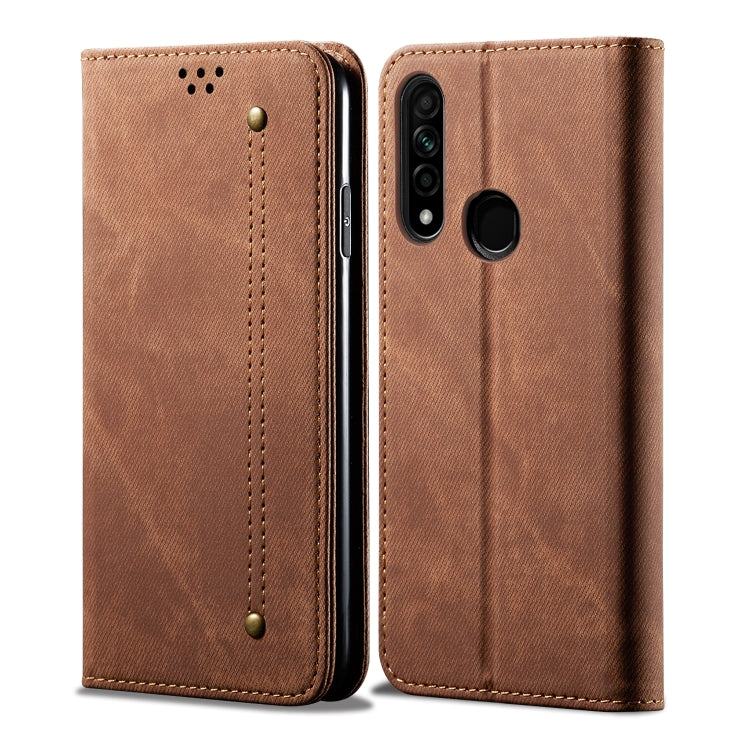 Denim-texture flip leather phone wallet case, card slots and magnetic holder, brown.