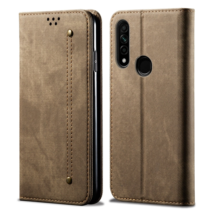 Denim-texture flip leather phone wallet case with camera cutout, card slots, khaki.