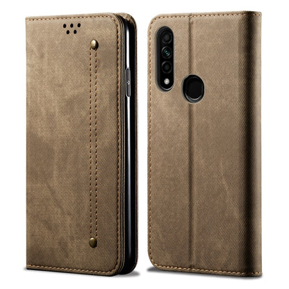 Denim-texture flip leather phone wallet case with camera cutout, card slots, khaki.
