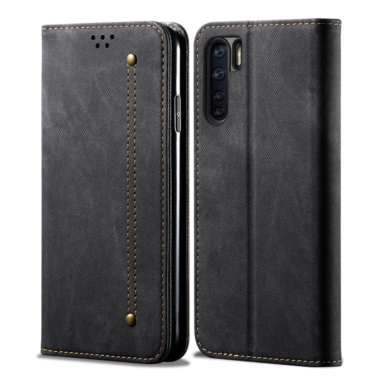 Denim-textured flip phone case with card slots, black, stitched edges and camera cutout