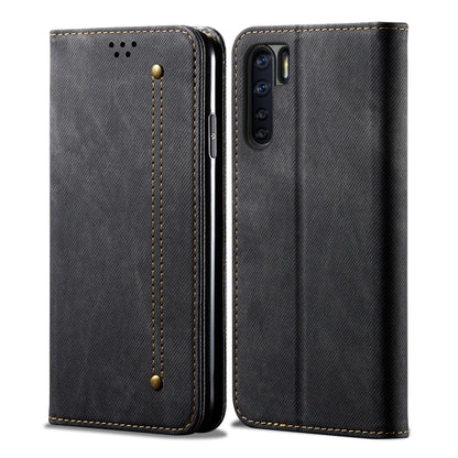 Denim-textured flip phone case with card slots, black, stitched edges and camera cutout