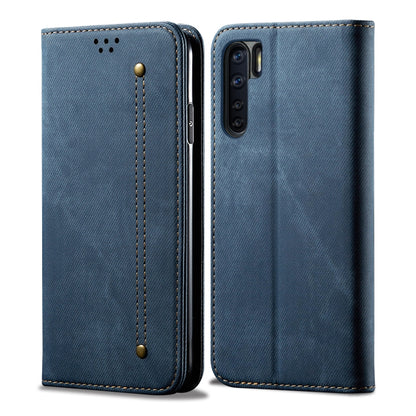 Denim-textured flip phone case with card slots, blue, stitched edges and camera cutout