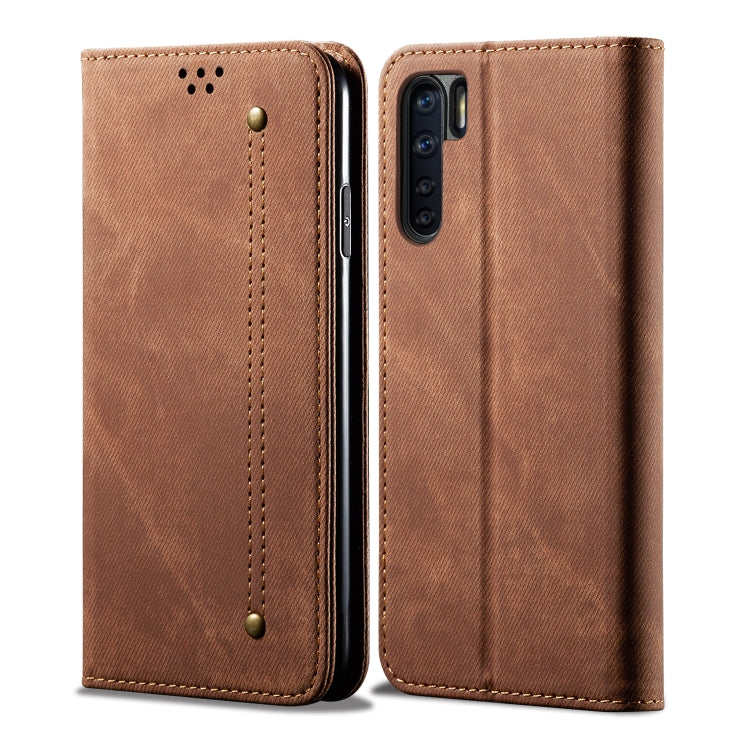 Denim-textured flip phone case with card slots, brown, stitched edges and camera cutout