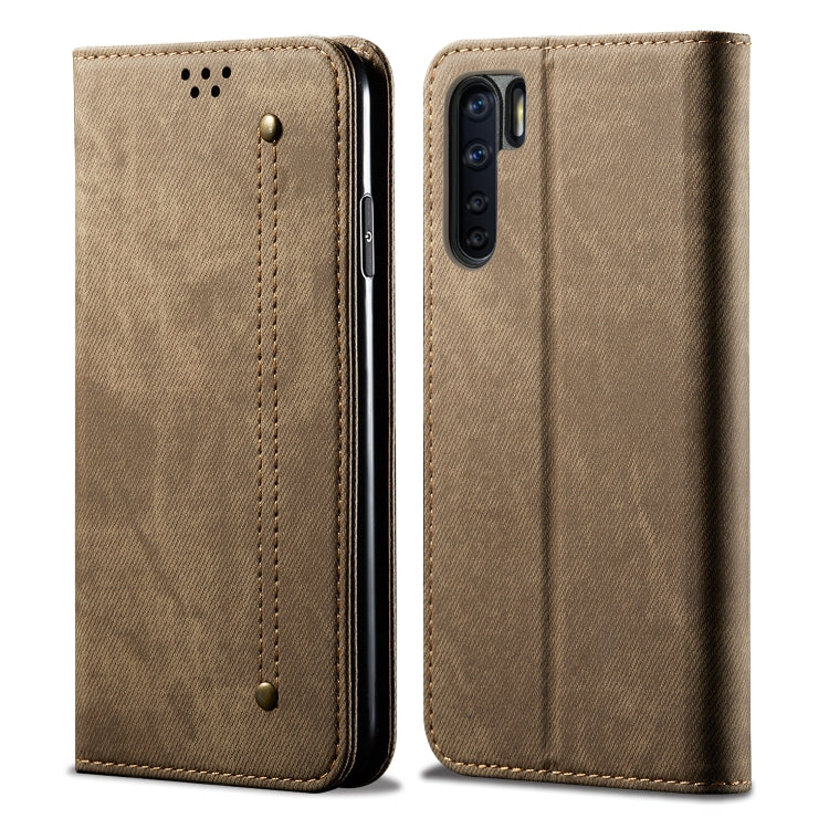 Denim-textured flip phone case with card slots, khaki, stitched edges and camera cutout