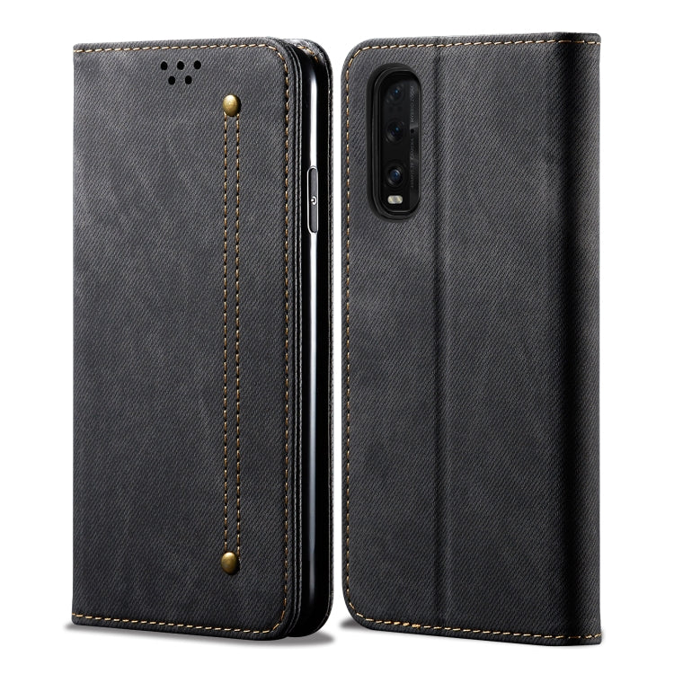 Denim-textured flip phone case with card slots, black, stitched edges and camera cutout