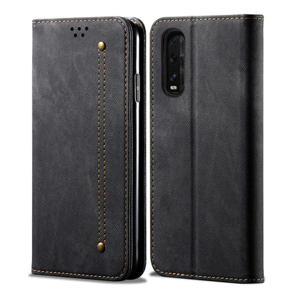 Denim-textured flip phone case with card slots, black, stitched edges and camera cutout