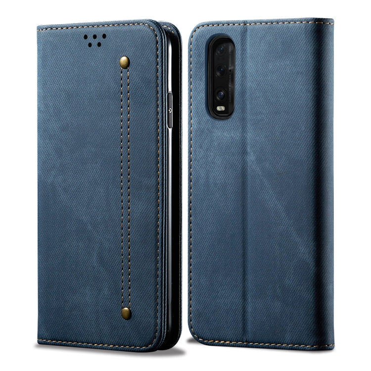 Denim-textured flip phone case with card slots, blue, stitched edges and camera cutout