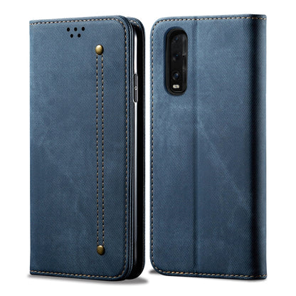 Denim-textured flip phone case with card slots, blue, stitched edges and camera cutout