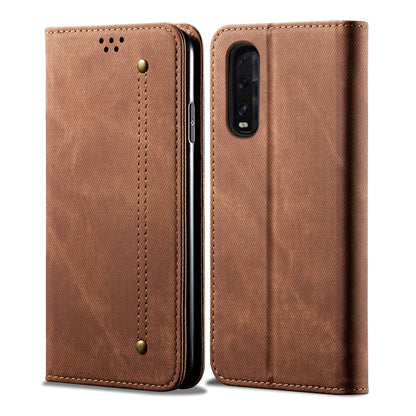 Denim-textured flip phone case with card slots, brown, stitched edges and camera cutout