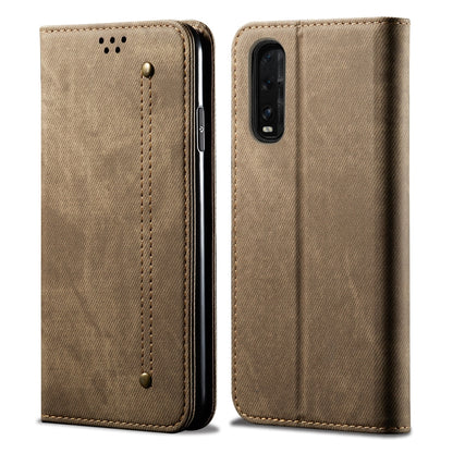 Denim-textured flip phone case with card slots, khaki, stitched edges and camera cutout