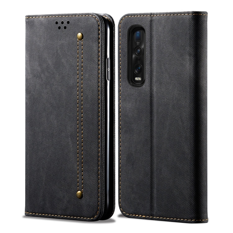 Denim-textured flip phone case with card slots, black, stitched edges and camera cutout