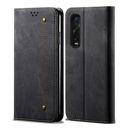 Denim-textured flip phone case with card slots, black, stitched edges and camera cutout