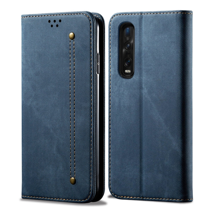 Denim-textured flip phone case with card slots, blue, stitched edges and camera cutout