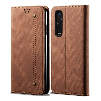 Denim-textured flip wallet phone case, brown, snap closure, camera cutout, stitched panels