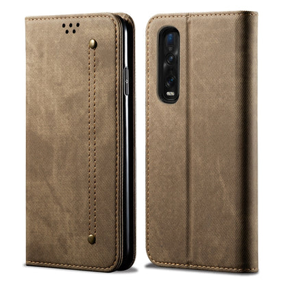 Denim-textured flip wallet phone case, khaki, snap closure, camera cutout, stitched edges
