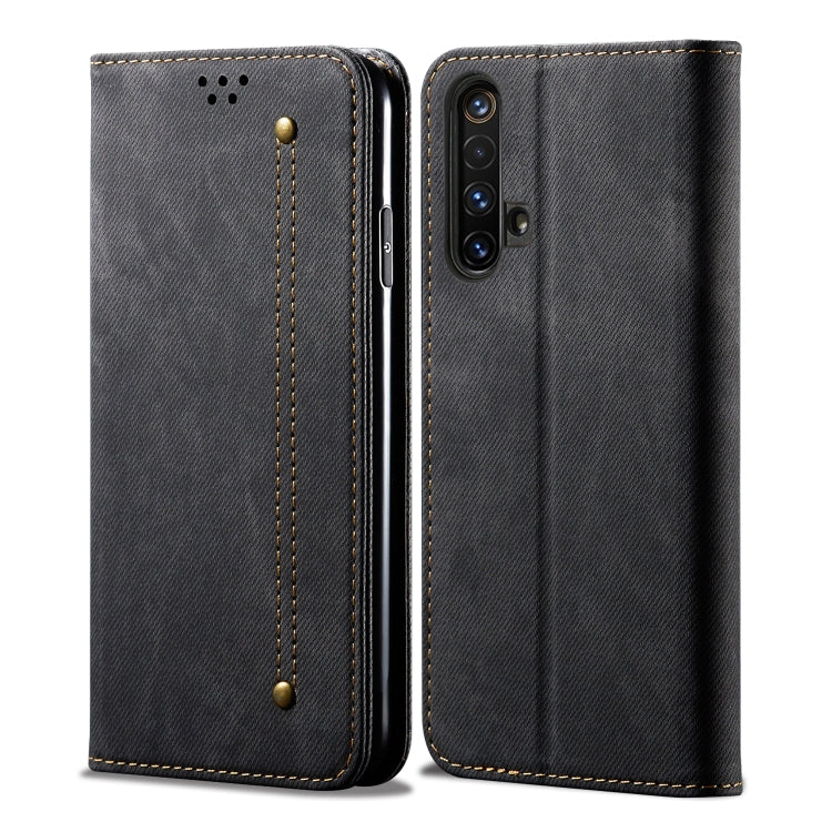 Denim-textured flip wallet phone case, dark gray, snap closure, camera cutout, stitched seams