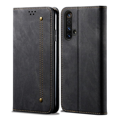 Denim-textured flip wallet phone case, dark gray, snap closure, camera cutout, stitched seams