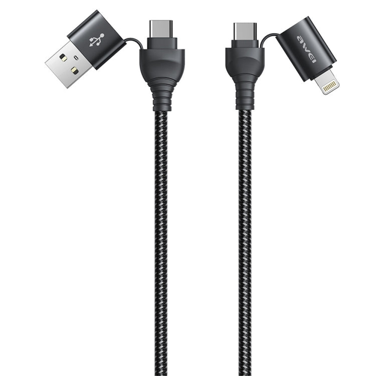 Black 4-in-1 USB to USB-C and 8-pin data fast charging cable, braided nylon