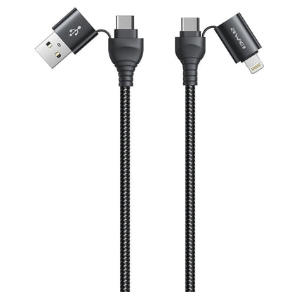 Black 4-in-1 USB to USB-C and 8-pin data fast charging cable, braided nylon