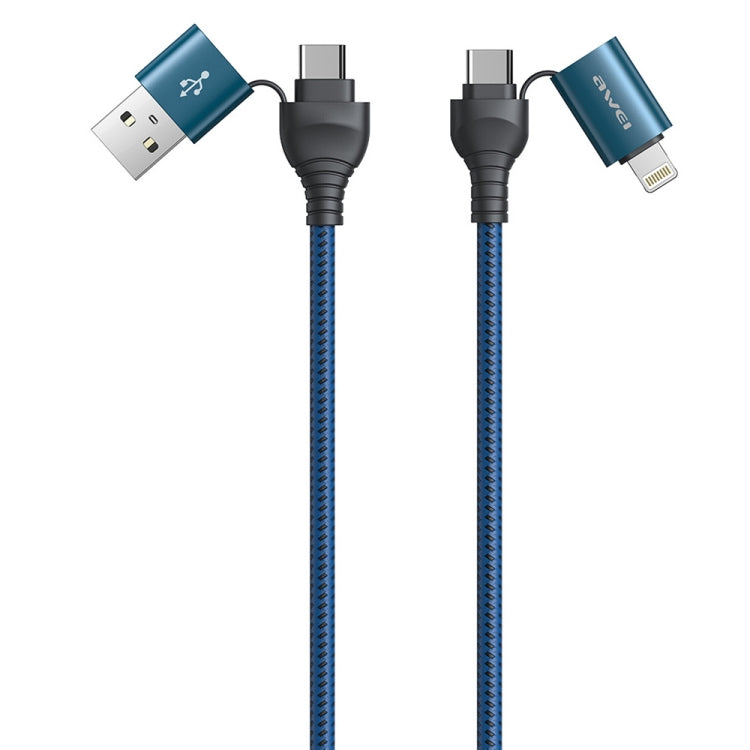 Blue 4-in-1 USB to USB-C and 8-pin data fast charging cable, braided nylon