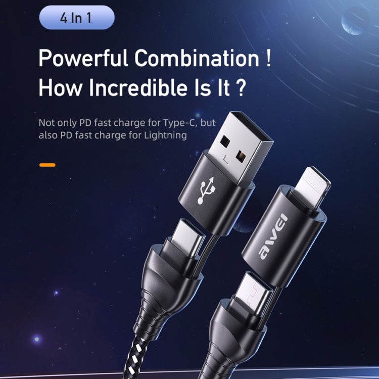 4-in-1 charging cable with USB-A, USB-C, and 8-pin connectors