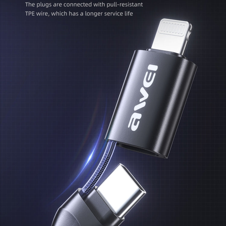 Black 4-in-1 adapter cable with Lightning-style and USB-C ends