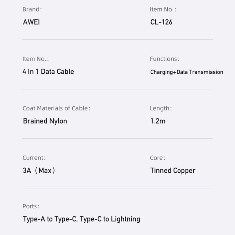 AWEI CL-126 4-in-1 data cable specs: 1.2m, braided nylon, Type-A to Type-C, Lightning