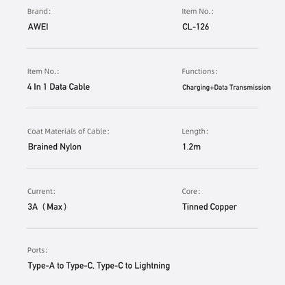 AWEI CL-126 4-in-1 data cable specs: 1.2m, braided nylon, Type-A to Type-C, Lightning