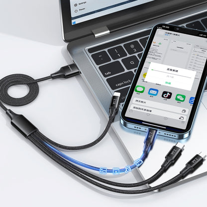 Braided black 4-in-1 charging cable with USB and phone connectors connected to devices