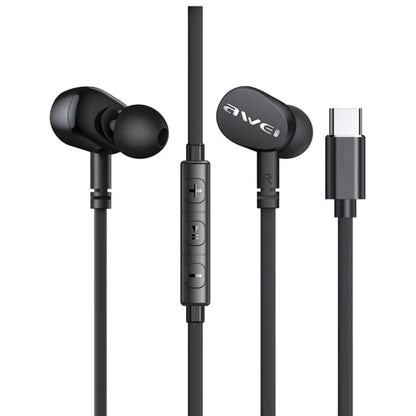 Mini stereo in-ear earphones with black earbuds, USB plug, and inline control buttons