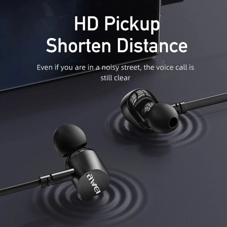 Mini stereo in-ear earphones with black earbuds and cable, close-up on earbuds