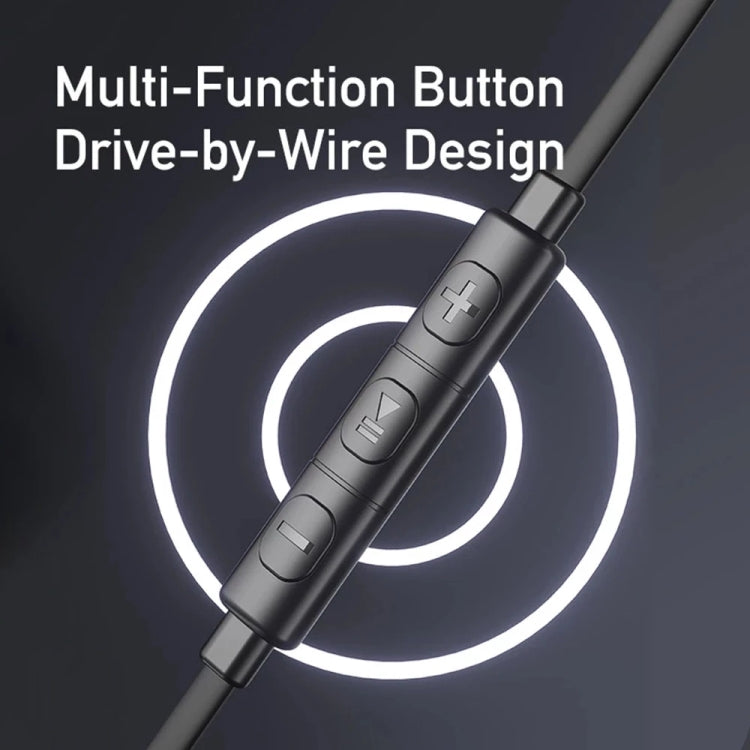 Mini stereo in-ear earphones with inline remote control buttons on a black cable