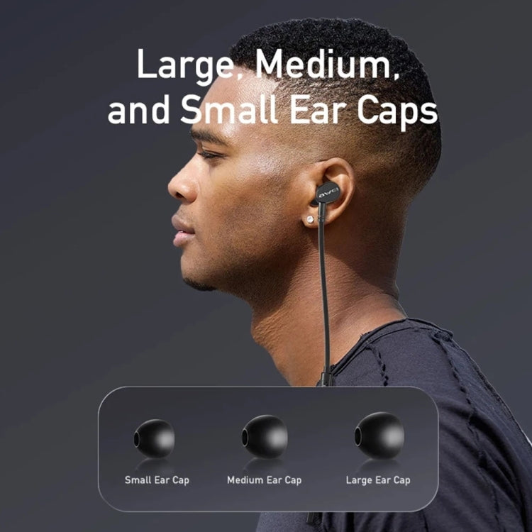 Mini stereo in-ear earphones worn in ear with black earbud and wired cord