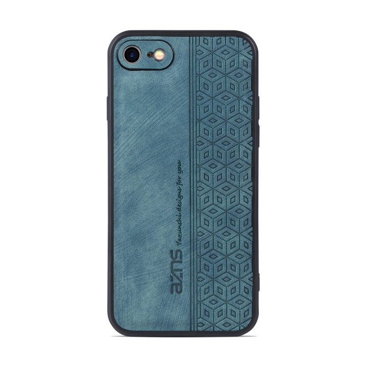 Sapphire blue geometric embossed phone case with dual camera cutouts and slim edges