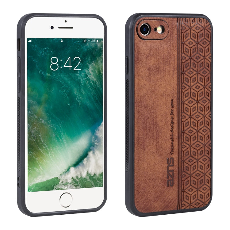 Brown textured phone case with geometric embossing and dual camera cutouts