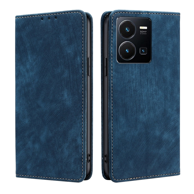 Blue leather-look wallet phone case with card slots and stitched magnetic flap