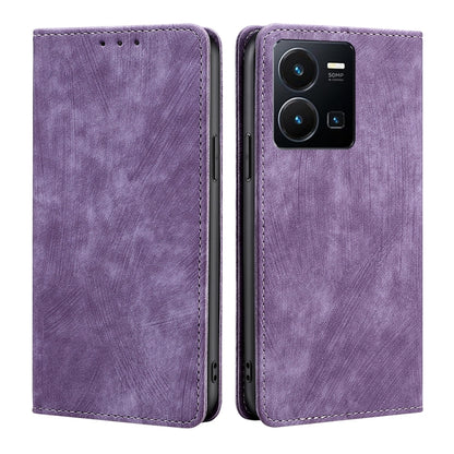 Purple magnetic leather phone case with flip cover and camera opening, dual-side view