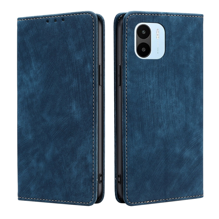 Blue magnetic leather phone case with flip cover and camera opening, dual-side view