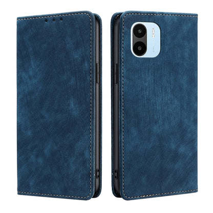 Blue magnetic leather phone case with flip cover and camera opening, dual-side view