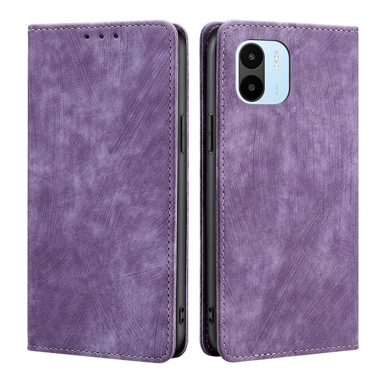 Purple magnetic leather wallet phone case with camera cutout and stitched trim, front/back view