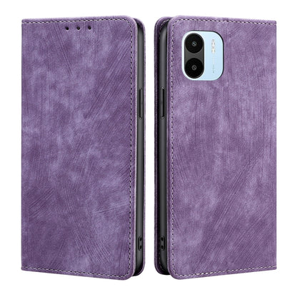Purple magnetic leather wallet phone case with camera cutout and stitched trim, front/back view
