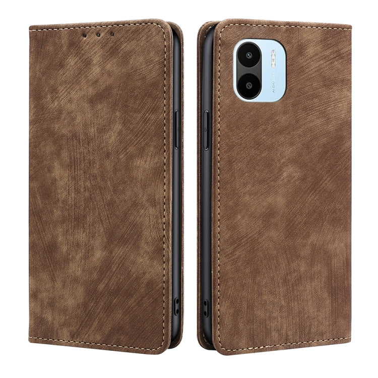 Brown magnetic leather wallet phone case with camera cutout and stitched edges, front/back view