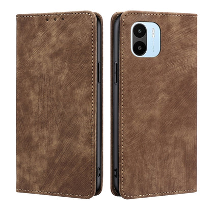 Brown magnetic leather wallet phone case with camera cutout and stitched edges, front/back view
