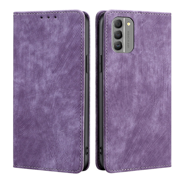 Purple magnetic leather phone case with camera opening and flip cover, dual-side view